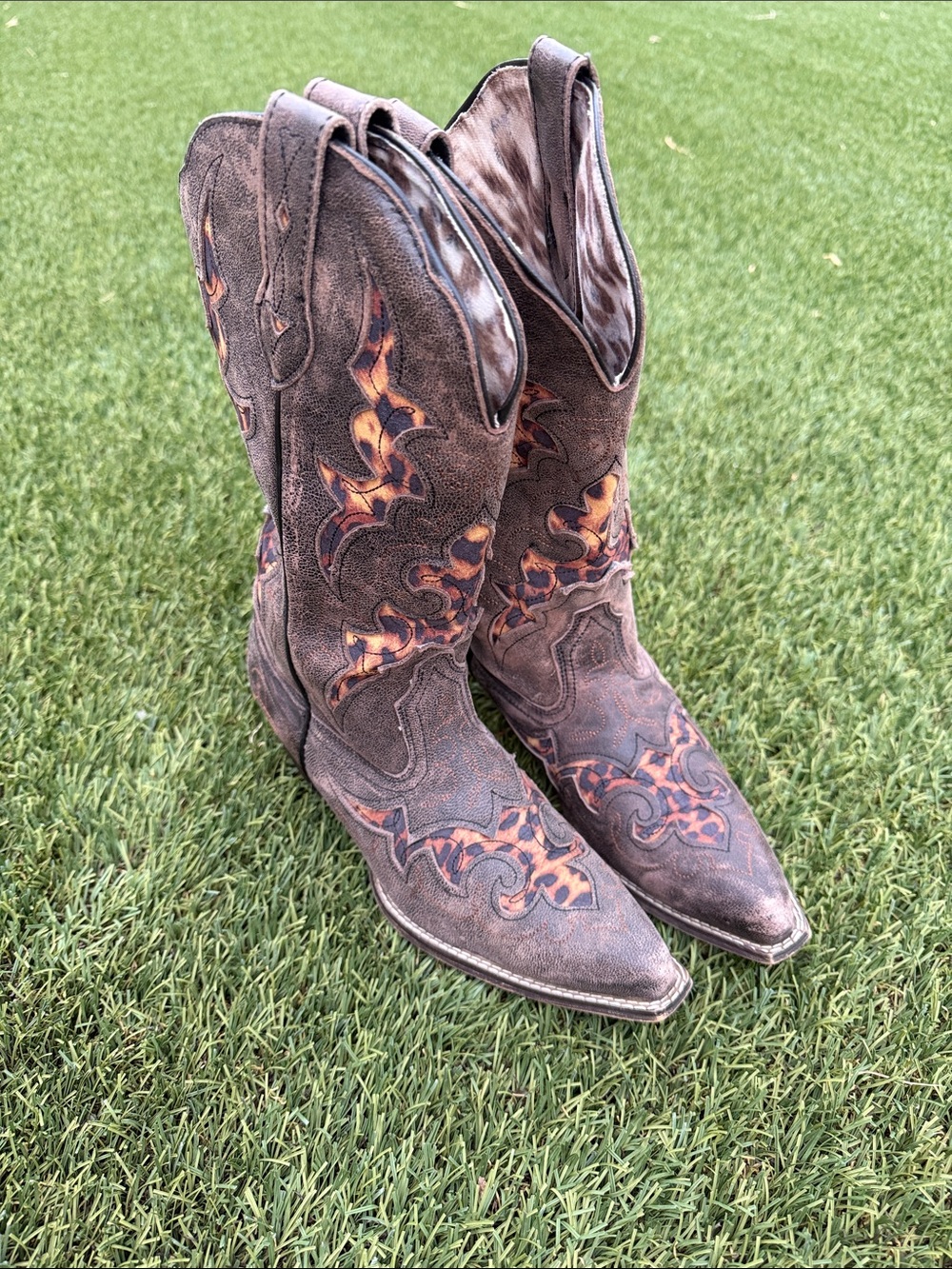 Laredo Brown Leather Western Boots with Orange Leopard Stitching